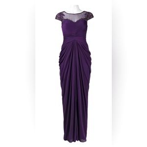 New Adrianna Papell embellished illusion sleeve ruched floor length dress